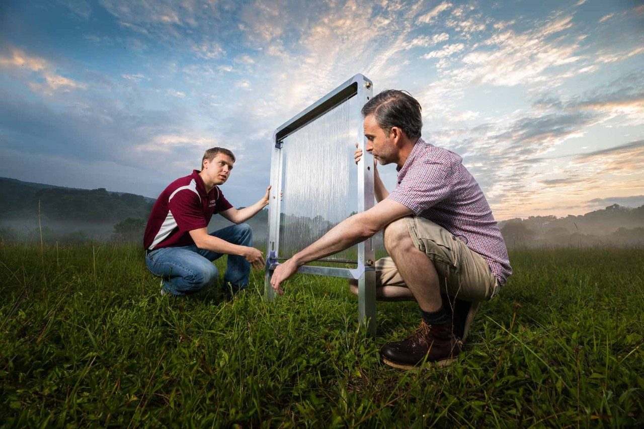 Researchers kneel with the fog harp on a foggy morning at sunrise.