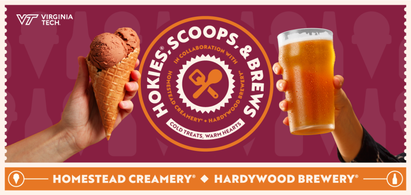 Hokies, Scoops  & Brews cover image, man holding ice cream in one hand and beer in the other