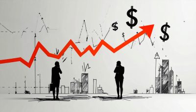 An abstract image showing a market incline. A red arrow points upward across sketch-style graphs and dollar signs. Two silhouetted businesspeople appear concerned, highlighting financial distress or crisis.